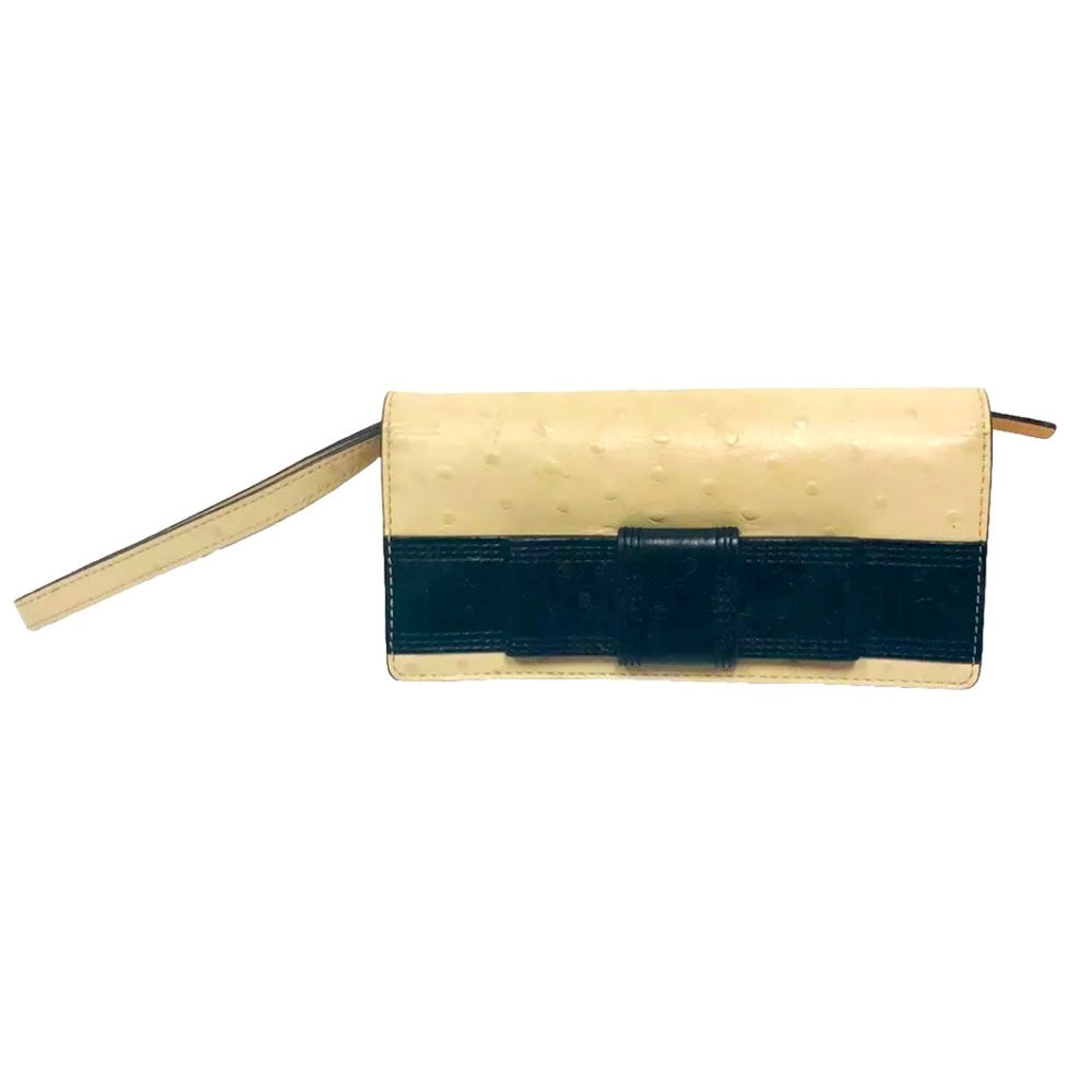 Kate Spade Ostrich Beige Leather Black Bow Wallet Wristlet Clutch